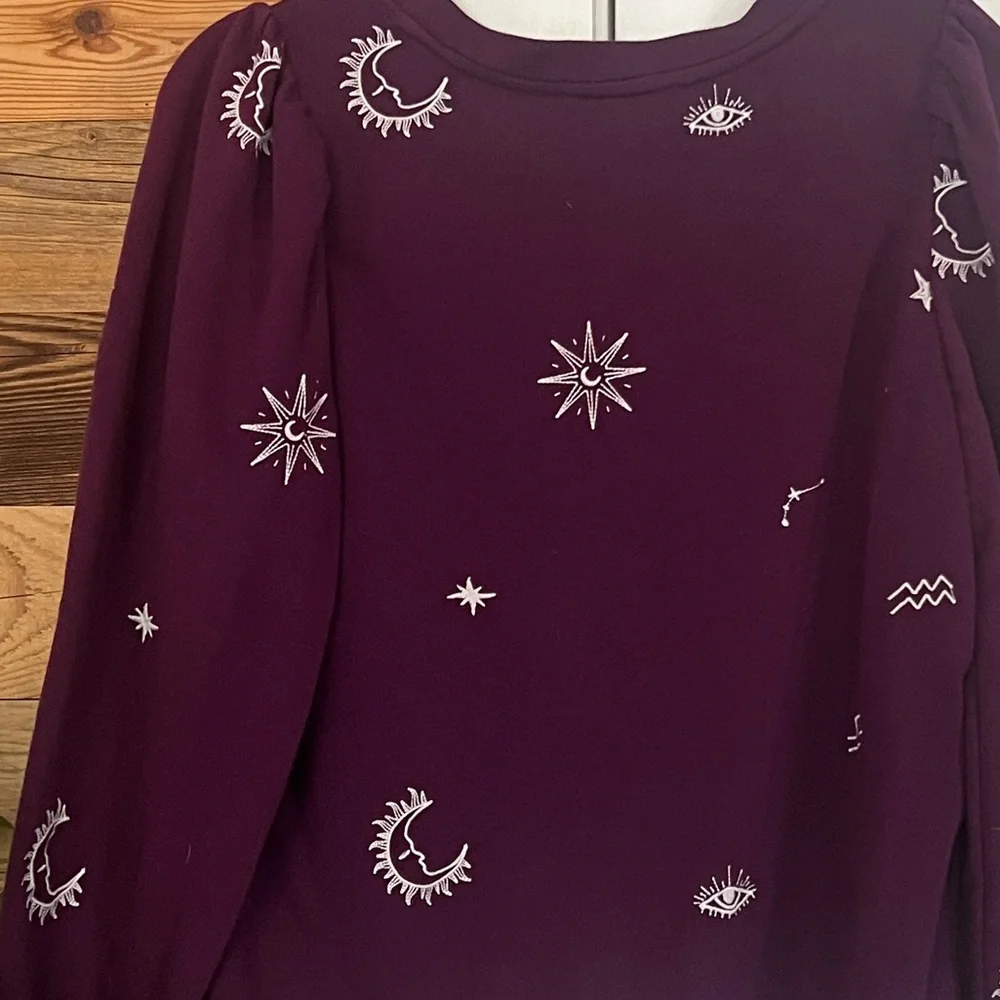 LOFT Embroidered Celestial Deep Purple Puff Sleeve Long Sleeve Top Medium - Picture 4 of 4